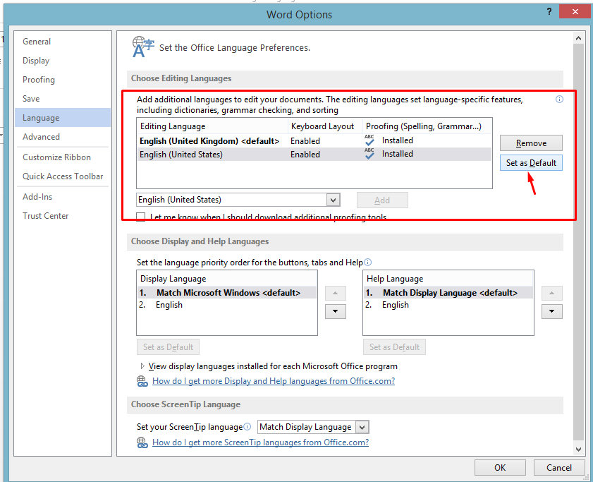 Set the default language on Microsoft Word